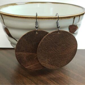 Genuine Leather hide Brown Circle Disc Cut-Out earrings 2" diameter